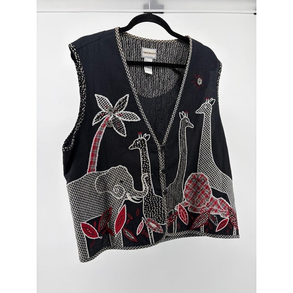 Napa Valley Vintage Safari Animal Embroidered Vest Gingham Giraffe XL